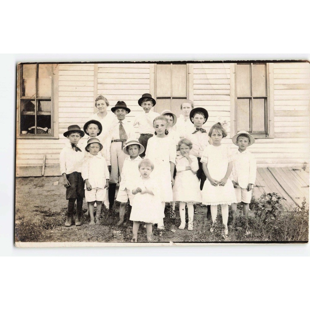 RPPC AZO c1910 Children Group Portrait Schoolhouse Real Photo Postcard